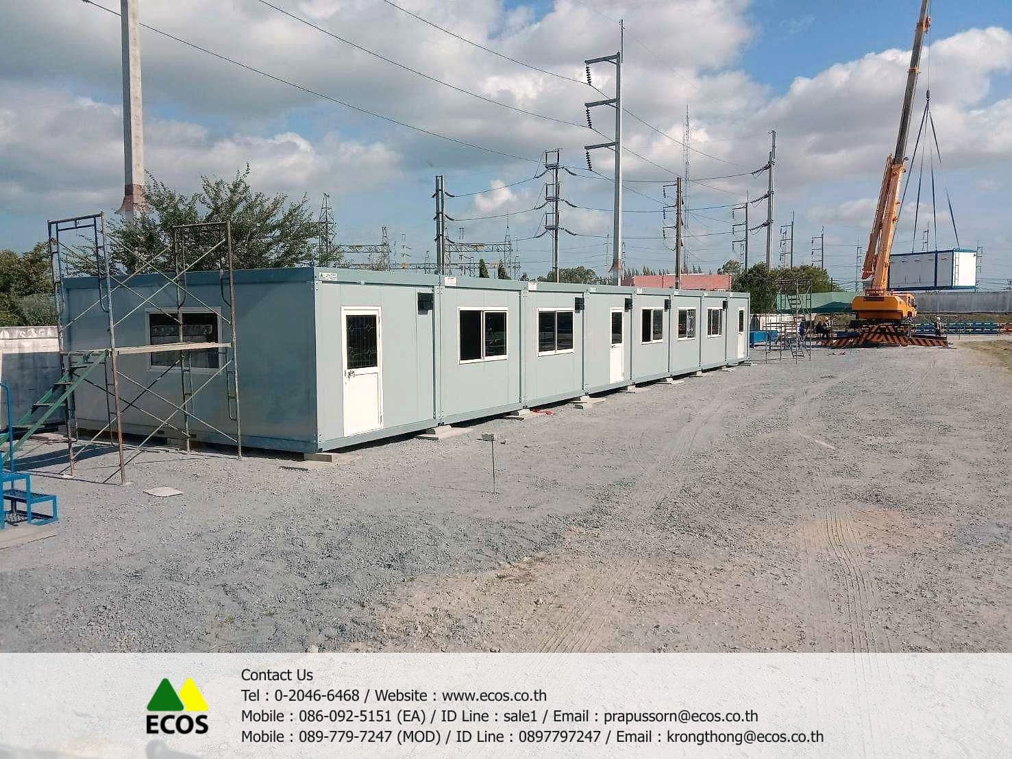 ตู้สำนักงานสำเร็จรูปในไซต์งานสถานีไฟฟ้า พร้อมรถเครนยกติดตั้ง