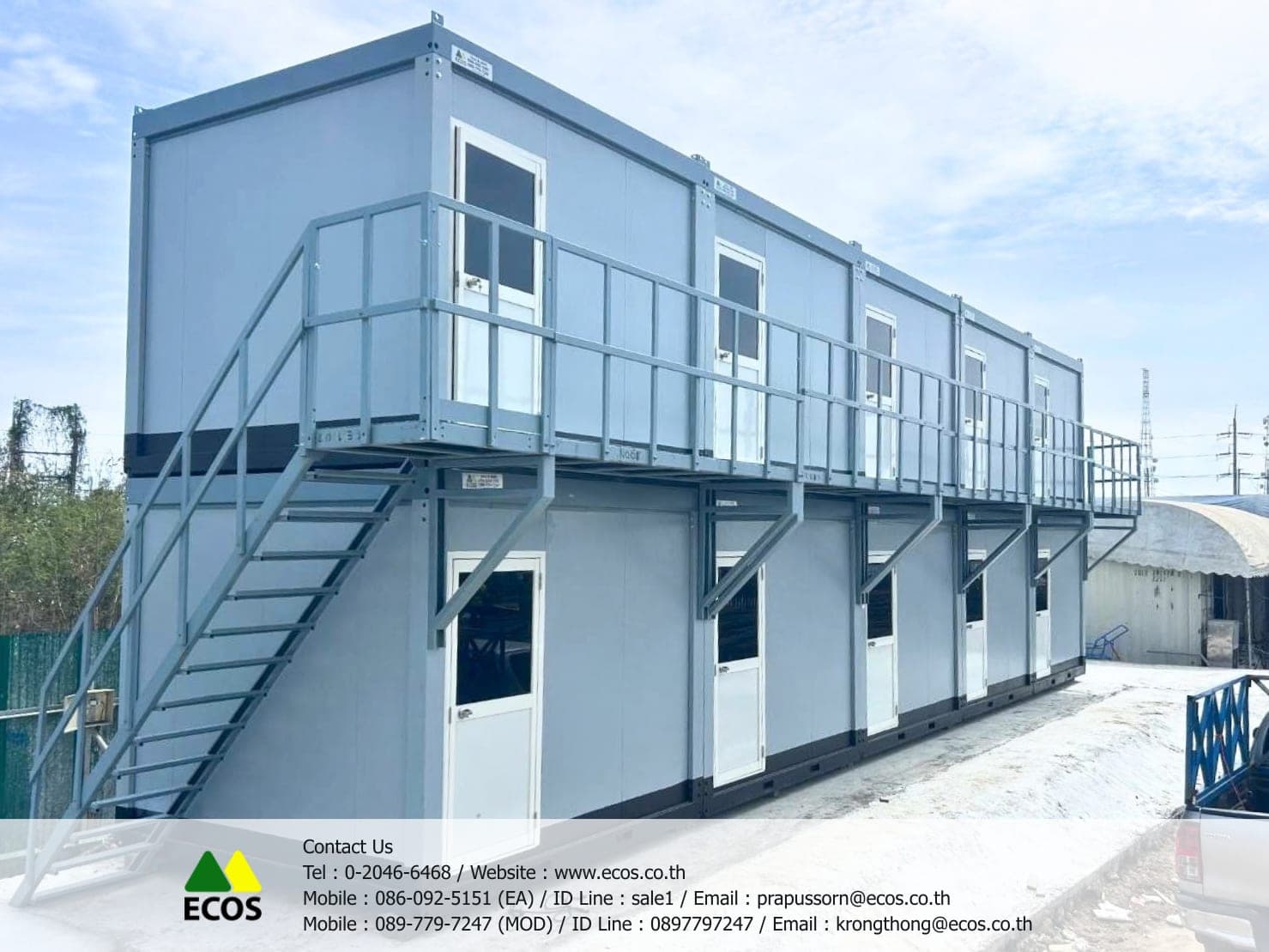 The two-storey worker accommodation on the same site, with its steel stair and upper walkway (not the toilet unit itself — a photo of the same job)
